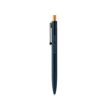 Bolígrafo de aluminio con pulsador de bambú y clip metálico tinta azul