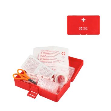 Botiquín en caja de plástico con cierre de clip y 15 piezas de color rojo