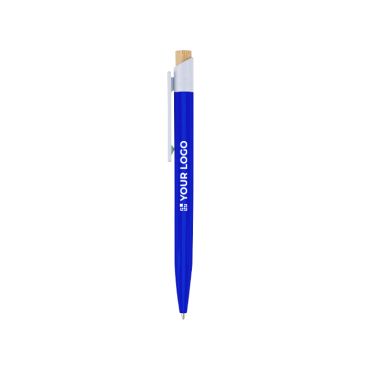 Bolígrafo de plástico con pulsador de bambú y clip blanco tinta azul