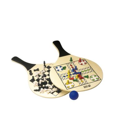 Palas de playa de madera FSC con juegos de tablero y pelota