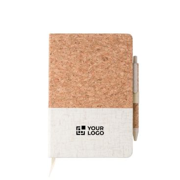 Libreta de corcho y lino con bolígrafo tinta azul y hojas a rayas