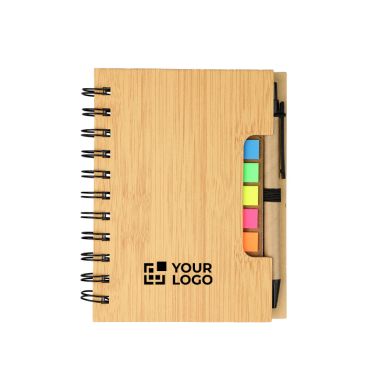 Libreta de bambú con notas adhesivas, bolígrafo y hojas a rayas