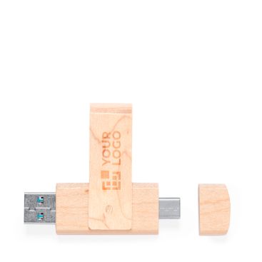 USB de madera clara con clip giratorio y conexión doble tipo C