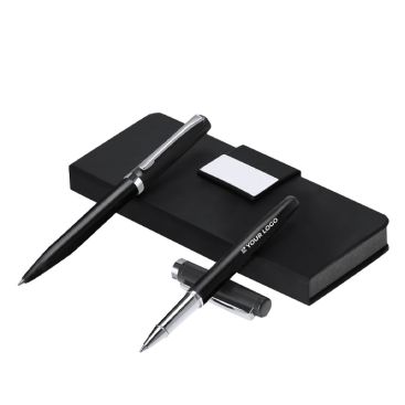 Set de bolígrafo y roller de acero inox. con estuche y tinta azul