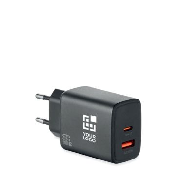Cargador de pared UE con puerto USB-A y USB-C de carga rápida 65W