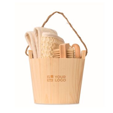 Set de baño en cubo de madera con accesorios de cuidado corporal