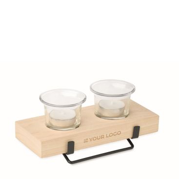 Portavelas decorativo con soporte madera y hierro para 2 velas