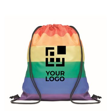 Mochila de cuerdas de PP con colores arco iris con el logo de empresa para ferias y eventos