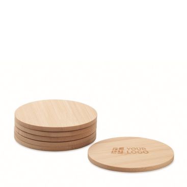 Set de 6 posavasos de bambú redondos con logo grabado