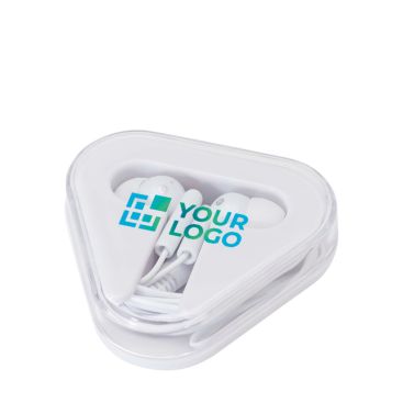 Auriculares sencillos con conector de audio y estuche triangular en color blanco