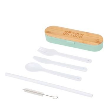 Juego de cubiertos reutilizables con caja y tapa de bambú