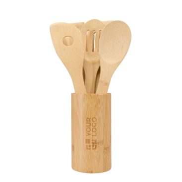 Juego de cinco espátulas de cocina con soporte de bambú