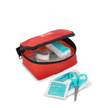 Botiquín de primeros auxilios con velcro con normativa europea de color rojo como regalo promocional