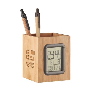 Lapicero con calendario y termómetro en forma de cubo de madera Bamboo Lapicero con calendario y termómetro en forma de cubo de madera Bamboo