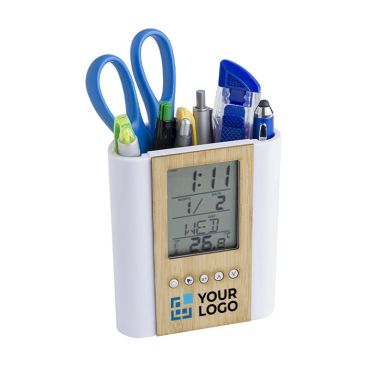 Portalápices de bambú con reloj multifuncional con logotipo de empresa Portalápices de bambú con reloj multifuncional con logotipo de empresa