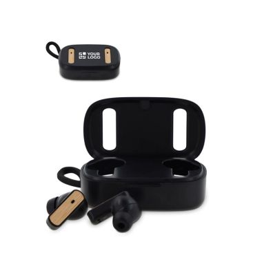 Auriculares inalámbricos en estuche con detalles de aspecto bambú vista principal