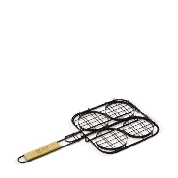 Parrilla con comoda asa de madera especial para hamburguesas