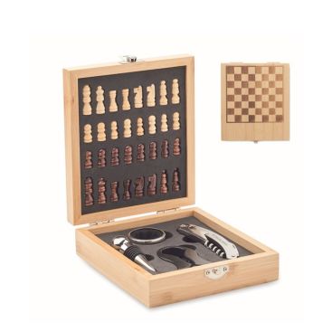 Caja de bambú que incluye juego de ajedrez pequeño y set de vino