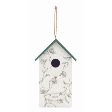 Casa colgable de madera para pájaros con estampado floral