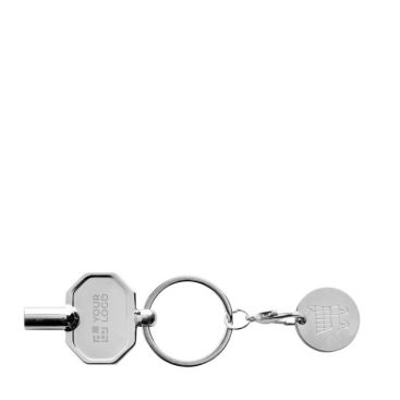 Llavero de zinc reciclado con llave de radiador y moneda de carro