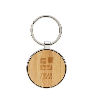 Llavero con forma redonda de bambú y aleación de zinc reciclado