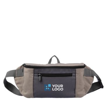 Riñonera tricolor de poliéster con bolsillo frontal y superior color marrón grisáceo vista de impresión