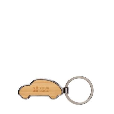 Llavero hecho de bambú y zinc en forma de coche personalizable color marrón vista de impresión