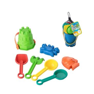 Cubo de playa para niños con palas, rastrillo, colador y moldes