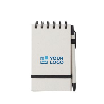 Bloc de notas anillado en parte superior con bolígrafo tinta azul A6 color blanco/negro vista de impresión