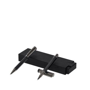 Elegante set de bolígrafo giratorio y roller con capucha de tinta azul vista principal