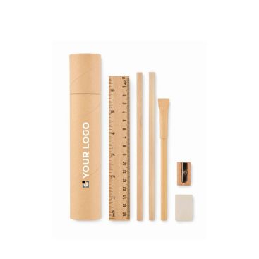 Estuche de papel cilíndrico con set completo de escritura