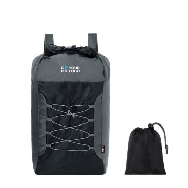 Mochila plegable de poliéster RPET con cordones elásticos al frente