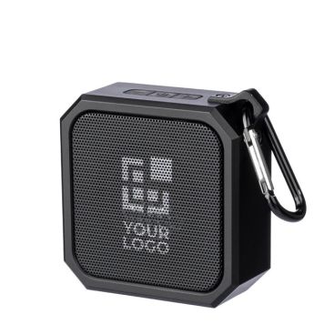 Pequeño altavoz cuadrado personalizable con mosquetón para transporte