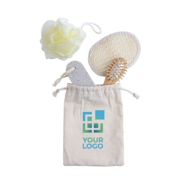 Bolsa de algodón con un set de 4 artículos para el baño color caqui vista de impresión