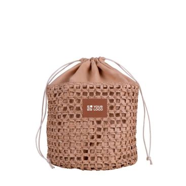 Neceser de papel de rafia en forma de saco con cierre de cordones color marrón vista principal