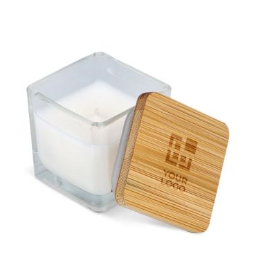 Vela de cera vegetal en tarro de cristal con tapa de bambú vista principal