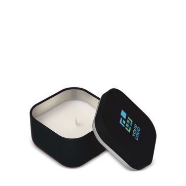 Vela de cera vegetal con aroma a vainilla en tarro de metal cuadrado