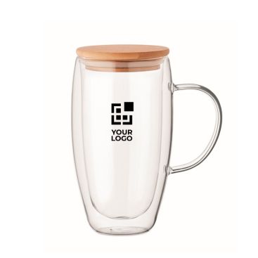 Taza larga de vidrio con asa transparente y tapa de madera 450ml