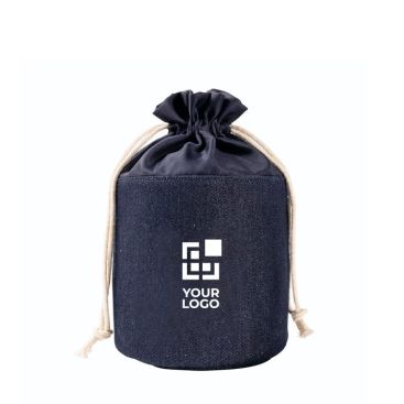 Neceser cilíndrico hecho de tela de vaquero con cierre de cordón