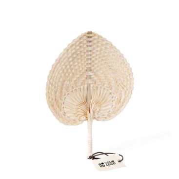 Abanico de paja en forma de hoja con etiqueta para personalizar