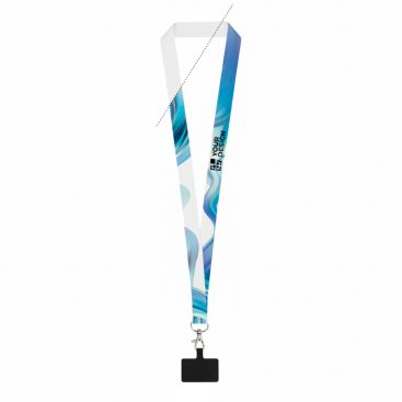Lanyard de poliéster sublimado con mosquetón y soporte para móvil 2cm