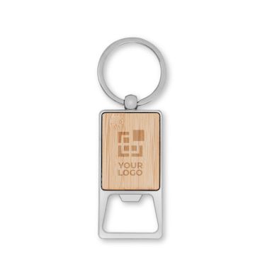 Llavero rectangular de zinc y bambú con descapsulador integrado
