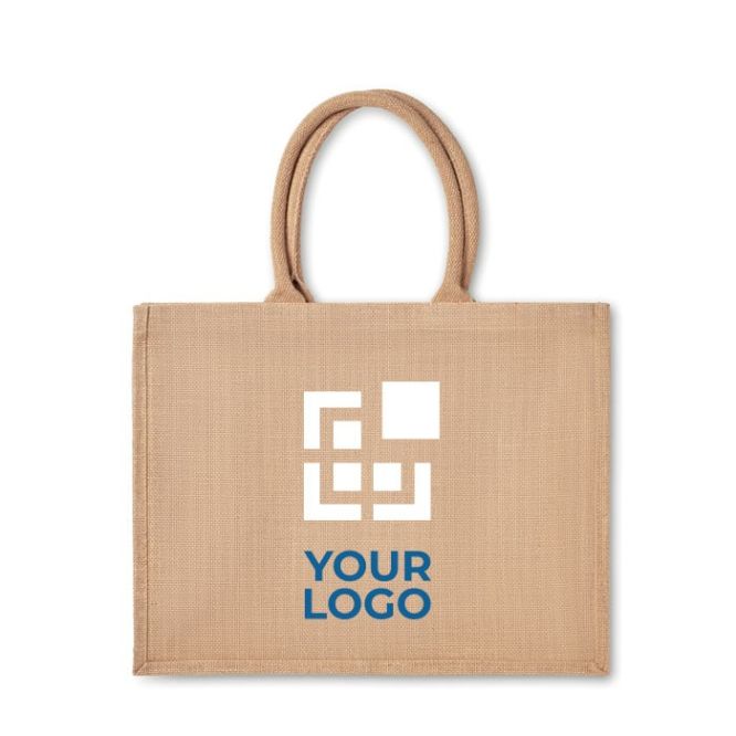 Bolsa de yute personalizada con interior laminado y asas cortas de color beige