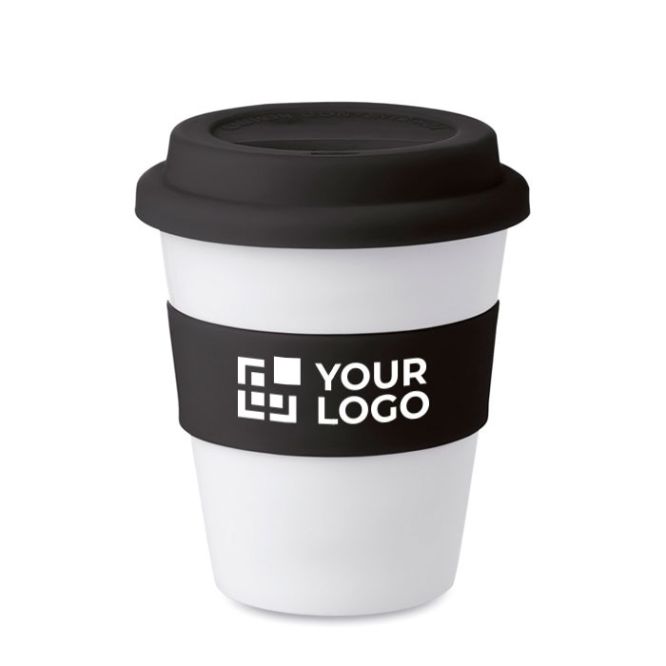 Taza take away personalizada de plástico con tapa y asa de color 350ml