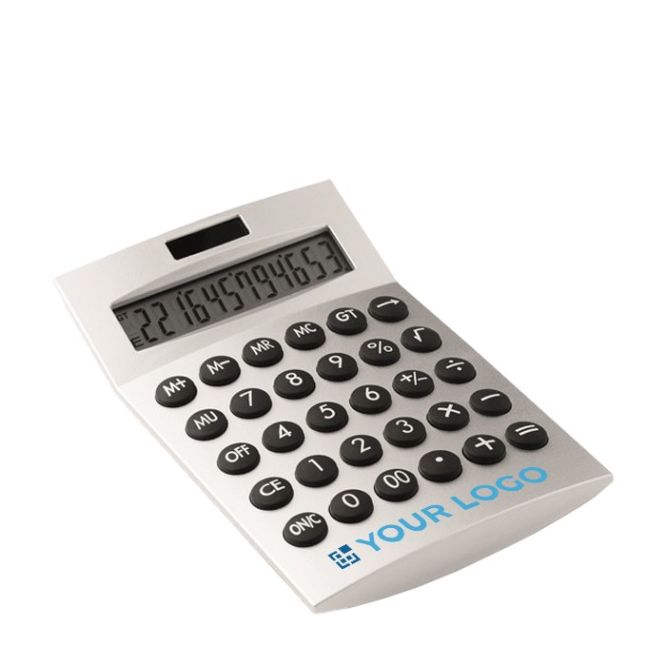 Calculadora solar de plástico de 12 dígitos con pila de botón de color plateado mate