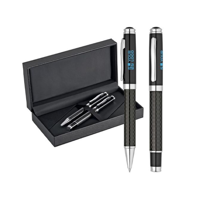 Set de bolígrafo y roller de fibra de carbono con tinta negra y estuche