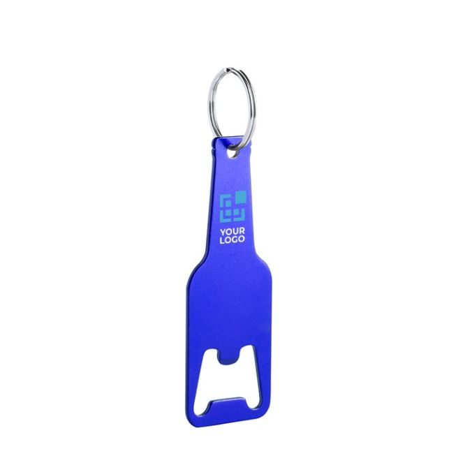 Llavero metálico de aluminio con función de abridor con logotupo en forma de botella con colores llamativos.