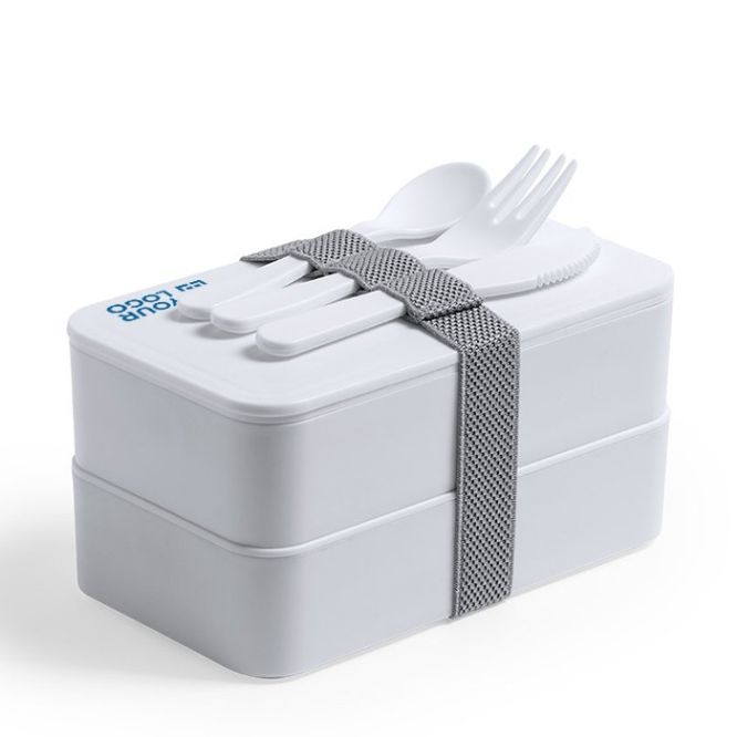 Fiambrera personalizada antibacteriana con dos compartimentos 1400ml de color blanco con cubiertos