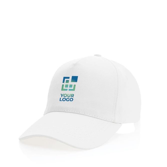 Gorras sostenibles de algodón reciclado 280 g/m2 con visera curva, hebilla de metal y 5 paneles
