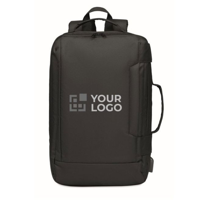 Mochila de calidad reciclada para portátil con USB 16'' con correa de hombro acolchada de color negro
